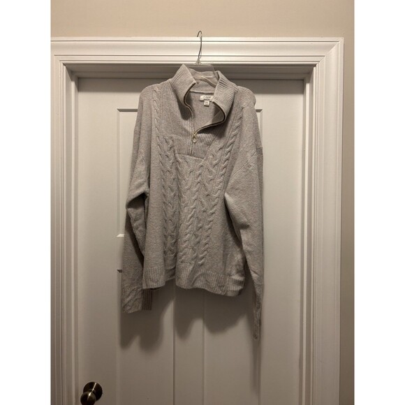 J. Crew Half-Zip Cable Sweater Extra-Soft Wool Blend-Heathered Grey Purple XXL - Picture 2 of 9